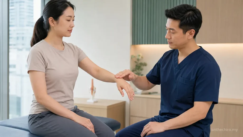 Neck Pain Radiating Down the Arm: What Could It Mean? 2 Clinician checking wrist strength during assessment for neck pain radiating down the arm
