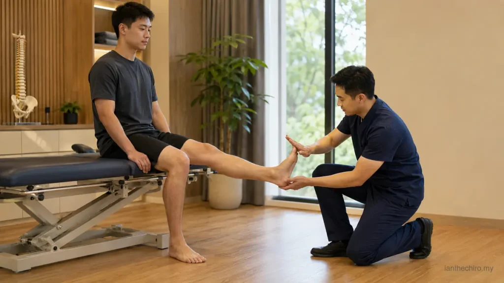 Sciatica vs Piriformis Syndrome: How Can You Tell the Difference? 2 Clinician checking ankle strength during a sciatica vs piriformis syndrome assessment