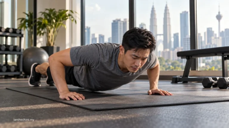 Asian Malaysian man experiencing shoulder pain near the bottom of a floor push-up