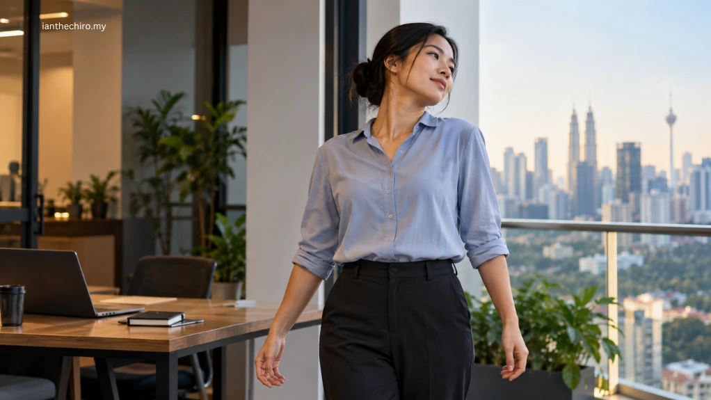 Can Stress Cause Neck and Shoulder Pain? What Actually Helps 2 Asian Malaysian adult taking a short movement break for neck and shoulder tension