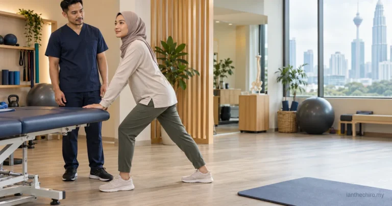 Malaysian patient deciding whether to stretch or strengthen tight muscles during a movement assessment