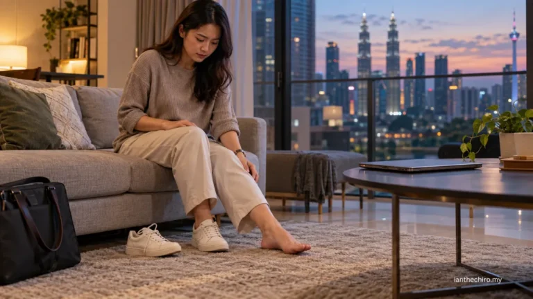 Asian Malaysian adult noticing tingling in one foot and toes after prolonged sitting