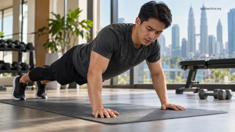 Asian Malaysian adult experiencing wrist pain during a floor push-up