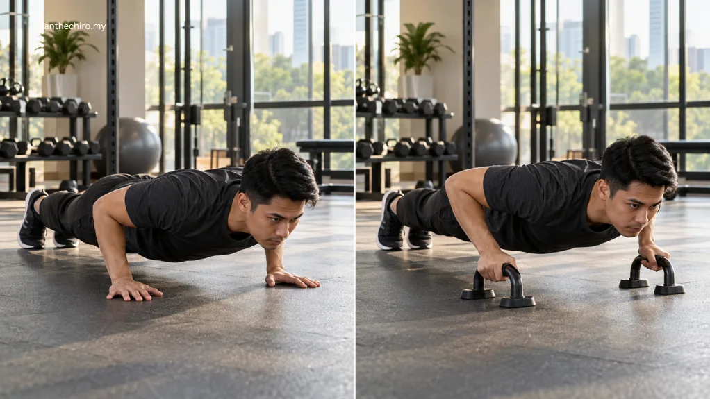 Wrist Pain During Push-Ups: What Could It Mean? 2 Standard floor push-up compared with a neutral-wrist push-up using handles