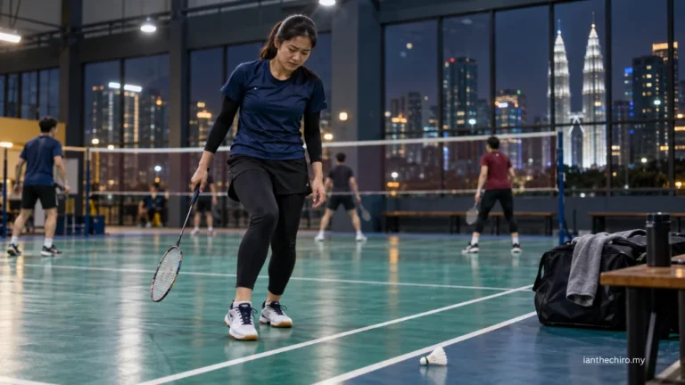 Asian Malaysian badminton player noticing ankle pain after an awkward landing