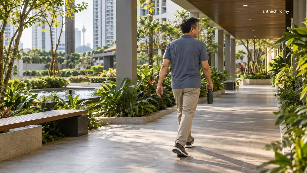 Back Pain When Coughing or Sneezing: What Could It Mean? 2 Asian Malaysian man taking a gentle walk after a brief coughing-related lower back pain flare