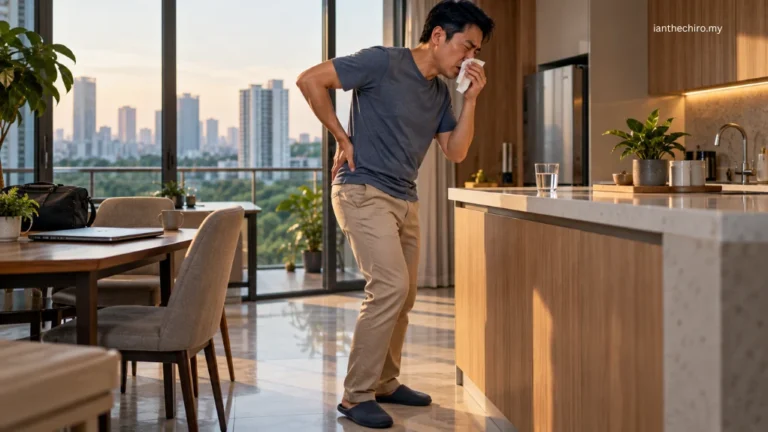 Asian Malaysian man experiencing sudden lower back discomfort after sneezing at home