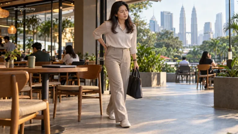 Asian Malaysian woman noticing front-of-hip tightness and lower back discomfort after prolonged sitting