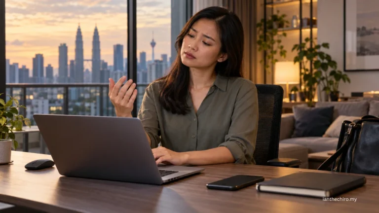 Asian Malaysian adult noticing hand tingling while working at a laptop and moving the neck