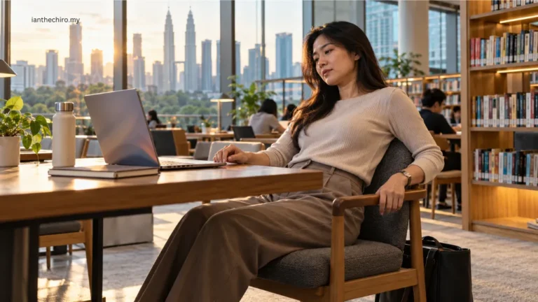 Asian Malaysian woman experiencing mild back discomfort after prolonged sitting at a laptop