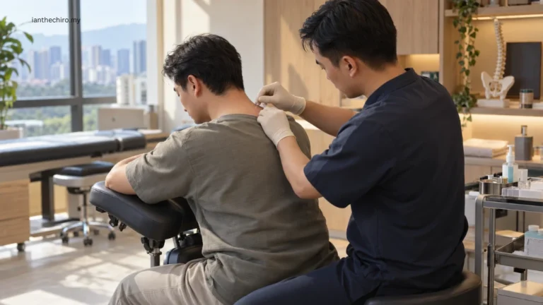Chiropractor performing a carefully controlled dry needling treatment for neck and upper shoulder pain