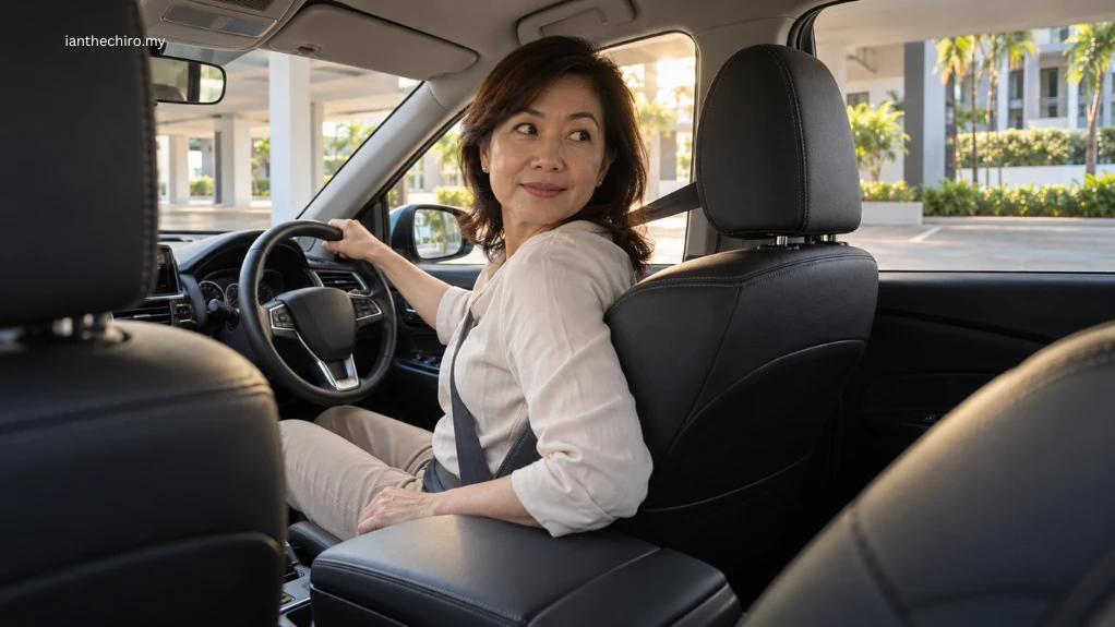 Dry Needling for Neck Pain: Does It Help and Who Is It For? 2 Asian Malaysian woman turning her neck comfortably to check behind a stationary car