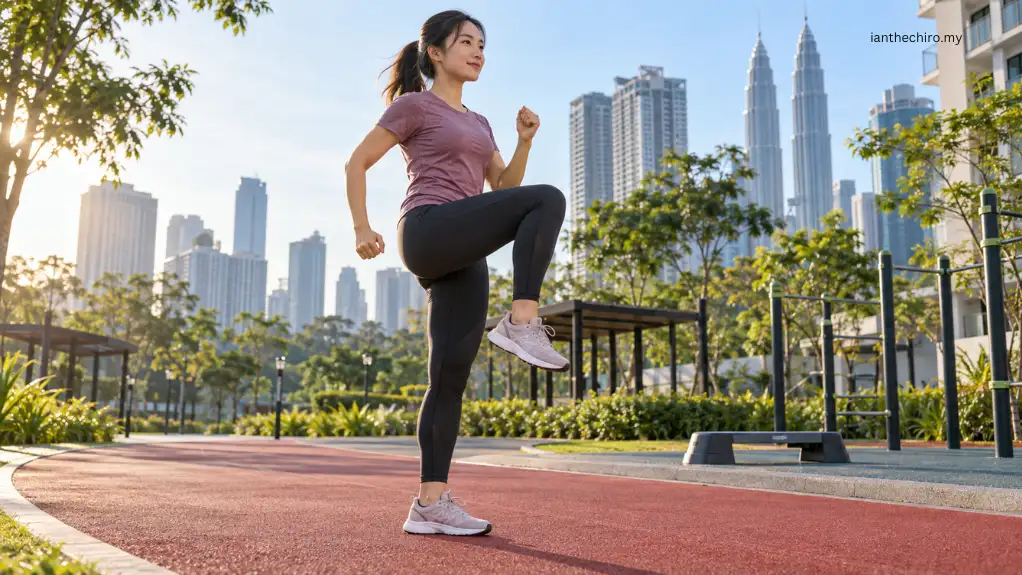 Can Tight Hip Flexors Cause Back Pain? What Tightness Can and Cannot Explain 2 Asian Malaysian woman performing a controlled marching knee-drive exercise to build hip-flexor strength