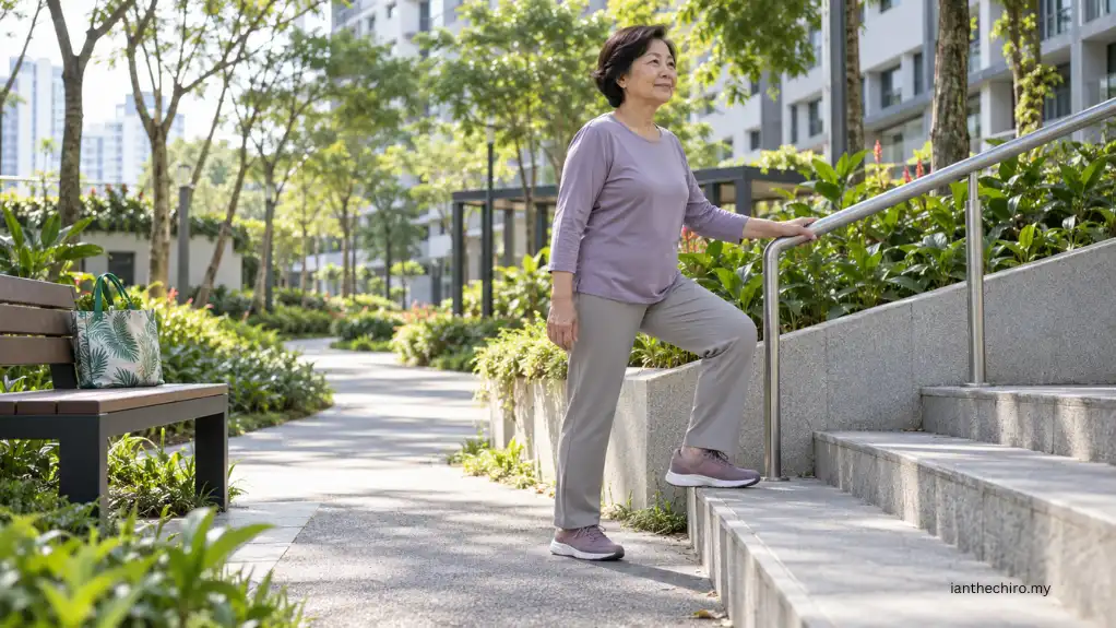 Hip Pain When Climbing Stairs: What Could It Mean? 2 Asian Malaysian woman practising controlled step-ups to rebuild hip tolerance for stair climbing