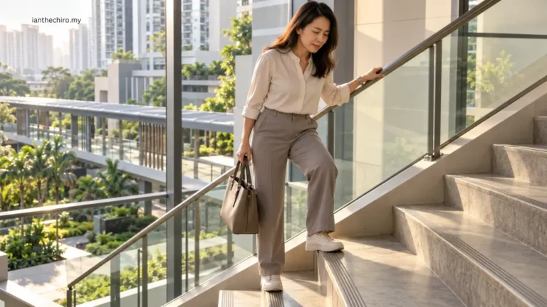 Asian Malaysian woman experiencing hip pain while climbing stairs in a Kuala Lumpur condominium