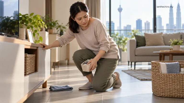 Asian Malaysian adult experiencing front knee pain while kneeling on a hard floor