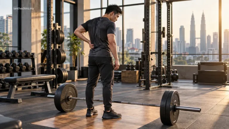Asian Malaysian man noticing lower back discomfort after completing a deadlift set at the gym