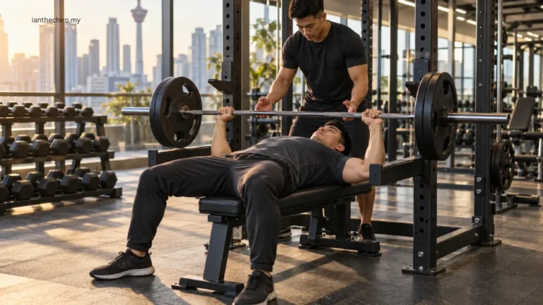 Asian Malaysian man experiencing mild shoulder pain near the bottom of a barbell bench press