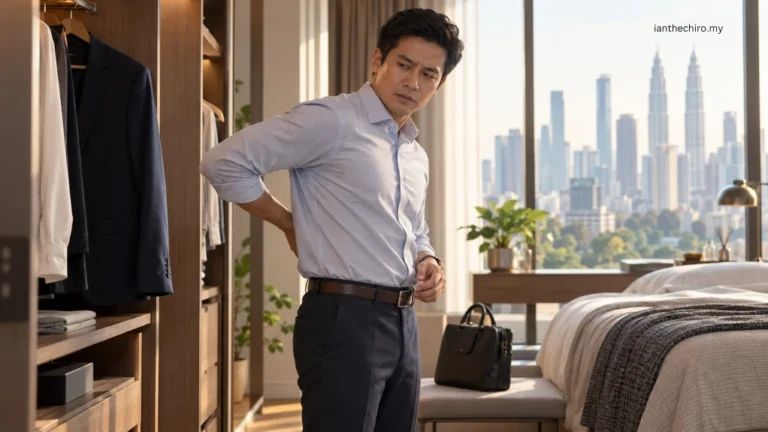 Asian Malaysian adult experiencing shoulder pain while reaching behind the back to adjust clothing