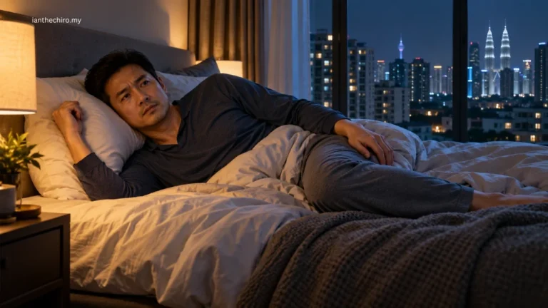 Asian Malaysian man waking with sciatica-like leg discomfort and changing position in bed